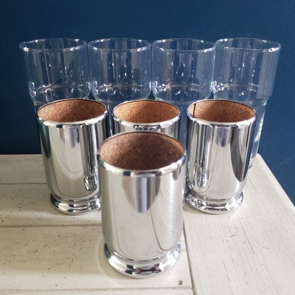 (4) MCM Hellerware Cork and Chrome Sleeve Tumblers Glasses Vintage Excellent - Picture 4 of 5